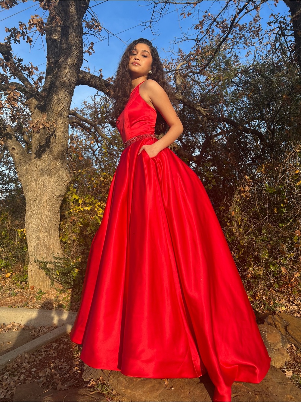 Sherri Hill Red Satin Ball Gown with Fitted Bodice